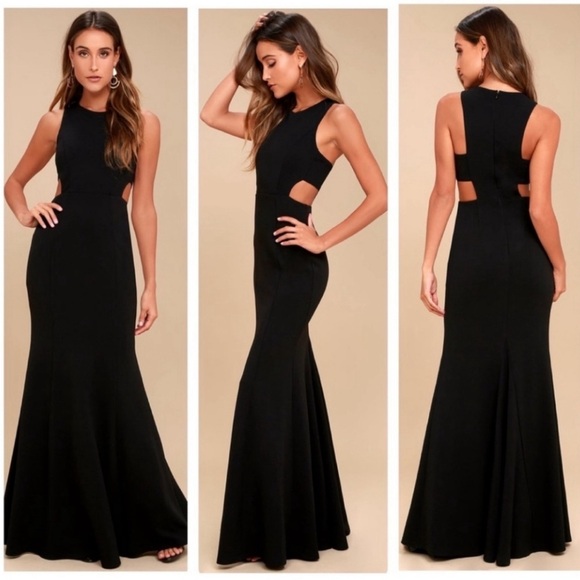 Lulu's Maxi Dress Black Cutout Mermaid Long Cocktail Formal Prom Evening Gown - Picture 2 of 7